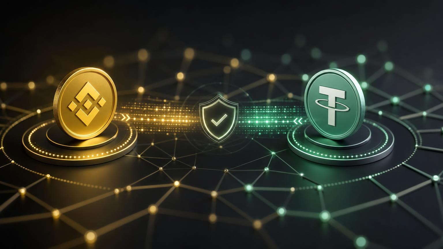 BNB-to-USDT exchange screen beside a wallet and blockchain network checklist used to verify the address, amount, and transaction details